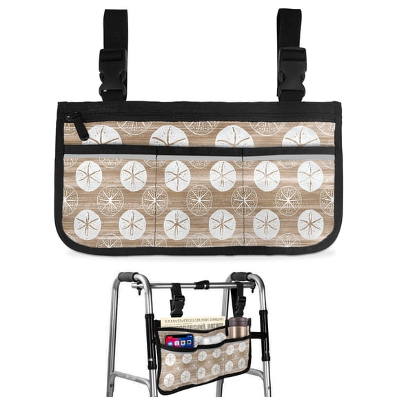 Coastal Ocean Wheelchair Bag with Cup Holder Walker Bag with Reflective Stripes for Seniors Wheel Chair Accessories for Adults Nautical Beach Sand Dollars Brown Wheelchair Side Bags for Rollator