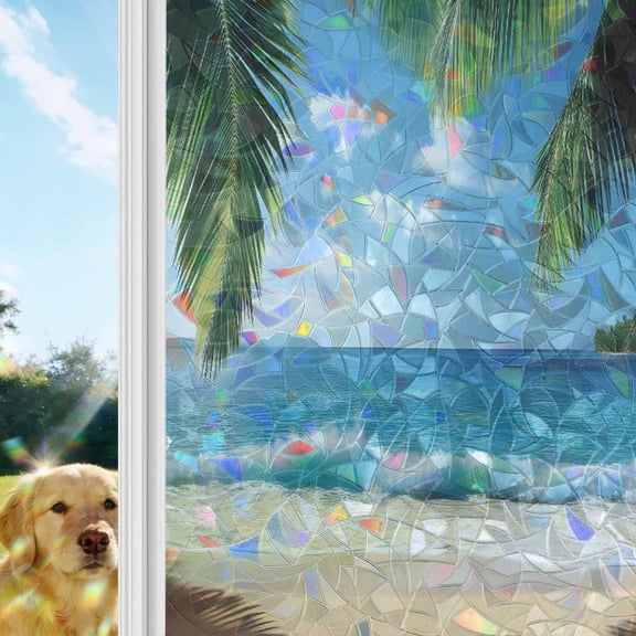 Coastal Ocean Window Privacy Film Stain Glass,Reusable Decorative Rainbow Window Film,Sandy Beach Coconut Tree Blue Sky Scenery Static Cling Sun Blocking Stickers Decals Covers 17.7" x 39.3" (2pcs)