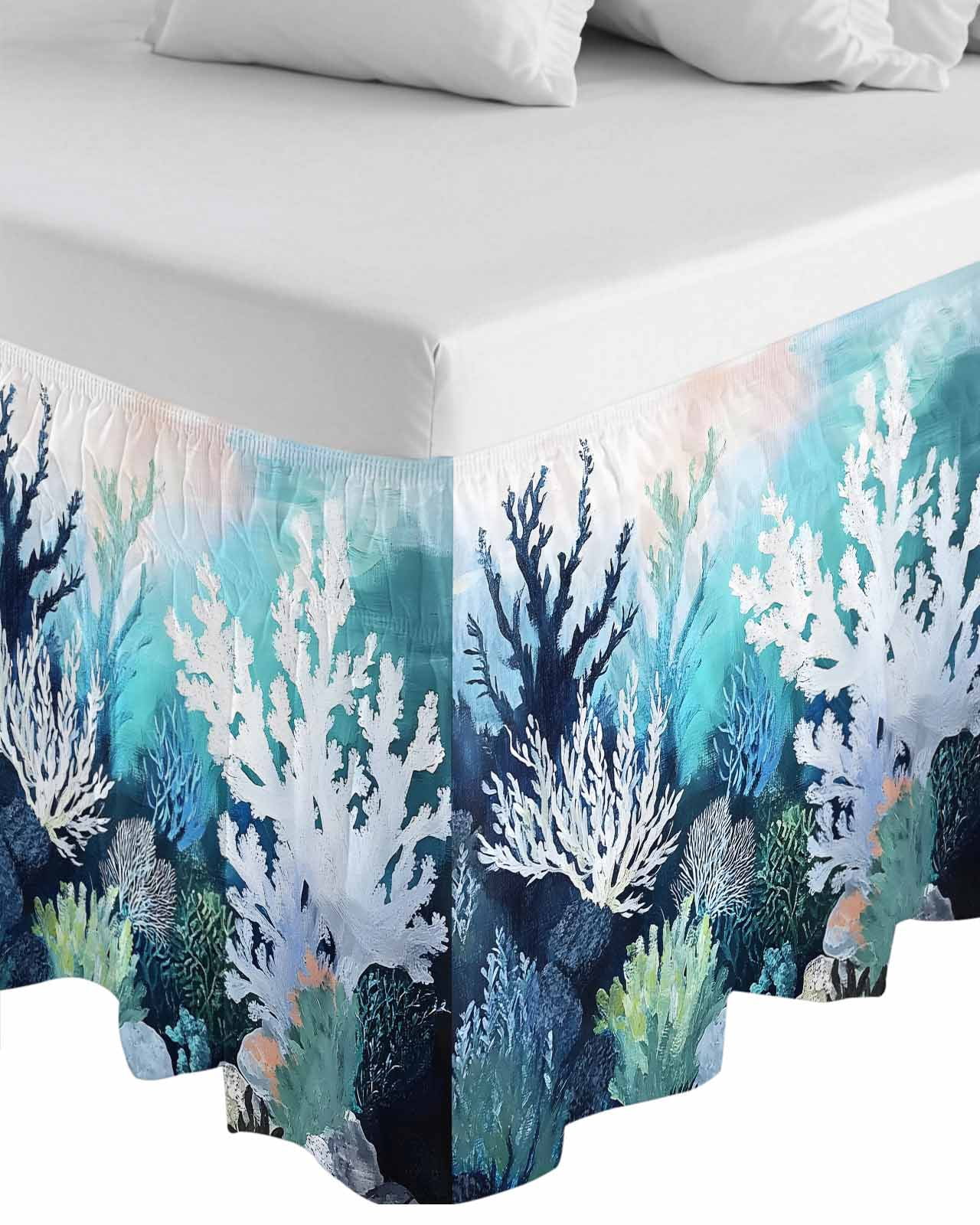 Coastal Ocean Wrap Around Bed Skirts for Queen Bed 16" Drop, Bed Skirt with Adjustable Elastic Belt Dust Ruffle Bed Valance for Bedroom Hotel Luxury Summer Vintage Colorful Coral Bed Frame Cover