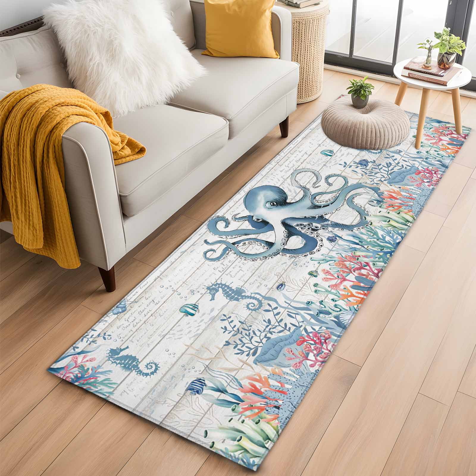 Coastal Octopus 2'x6' Runner Rug, Beach Nautical Ocean Coral Seahorse ...