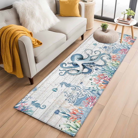 Coastal Octopus 2'x6' Runner Rugs for Hallway Kitchen Bedside Non Slip, Beach Nautical Ocean Coral Seahorse Vintage Entryway Rug Runners with Rubber Backing, Long Carpet Runner for Laundry Room