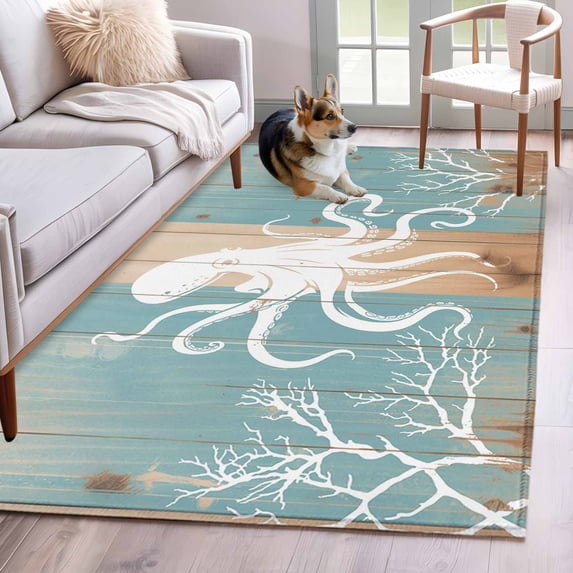 Coastal Octopus Area Rugs 4'x6', Washable Small Throw Rugs for Office Bathroom, Summer Coral Ocean Vintage Wood Indoor Outdoor Rug Non-Slip Low Pile Carpet Runner Reversible Floor Mats