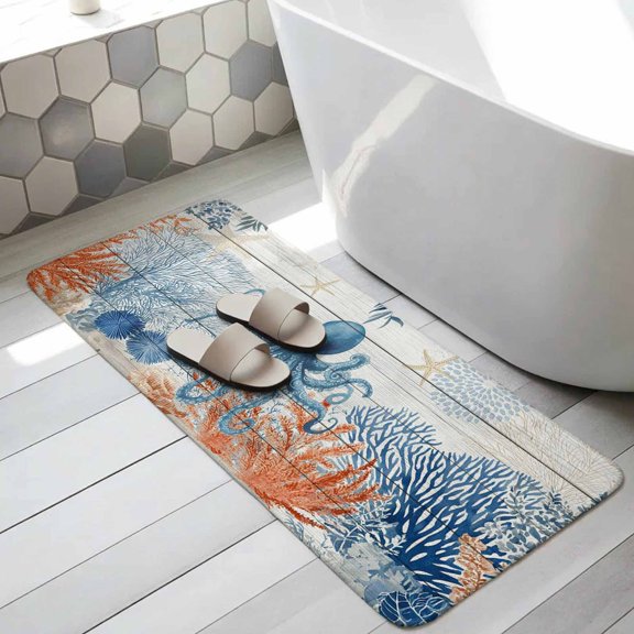 Coastal Octopus Bathroom Runner Rugs Non Slip Washable Absorbent Narrow Long Bath Mat Blue Nautical Ocean Creature Wood Grain Runner Rugs for Kitchen Hallway Bedroom Laundry Study Room 31.5"x63"