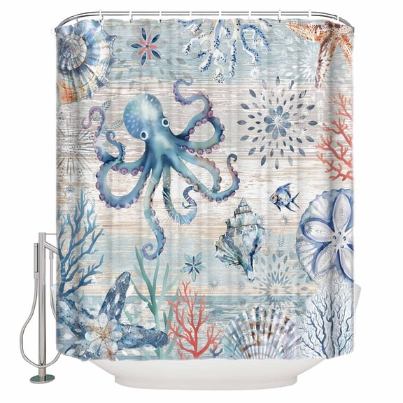 Coastal Octopus Bathroom Shower Curtains with 12 Hooks Polyester Waterproof Shower Curtain for Stalls and Bathtubs Farmhouse Nautical Ocean Conch Coral Decorative Bathroom Privacy Curtain 36x72 Inch