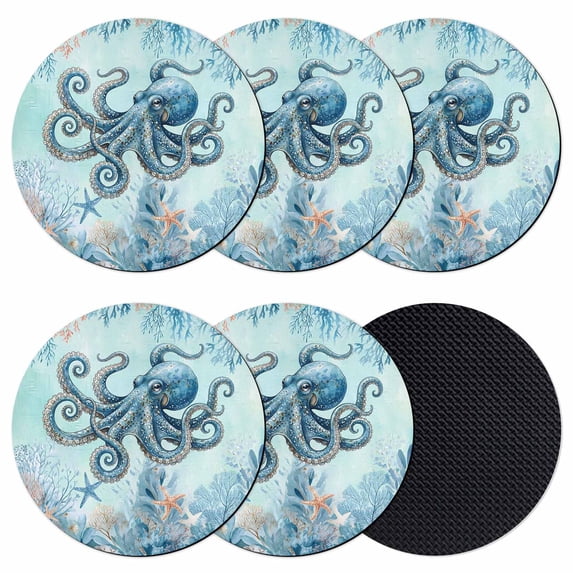 Coastal Octopus Blue Coasters Set of 6, Absorbent Coasters for Drinks, Summer Beach Nautical Coral Starfish Coaster for Desk Coffee Table Protection, Home Decor House Warming Gifts 4"