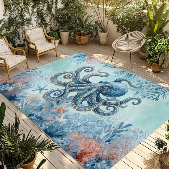 Coastal Octopus Blue Outdoor Rug 3x5 Ft - Reversible Patio Rug Outdoor Camping Rugs, Summer Beach Nautical Coral Starfish Indoor Outdoor Area Rugs, Non-Slip Outdoor Carpet Runner for Deck/Porch