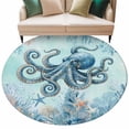 thumbnail image 1 of Coastal Octopus Blue Round Area Rugs Collection 5', Summer Beach Nautical Coral Starfish Non Slip Indoor Circular Throw Runner Rug Floor Mat Carpet for Living Room Dining Table Bedroom Nursery, 1 of 9