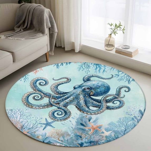 Coastal Octopus Blue Round Rug 3ft Washable Circle Entryway Rugs Non Slip Summer Beach Nautical Coral Starfish Area Rug Indoor Floor Carpet for Bedroom Kitchen Living Room Home Office Dining Room