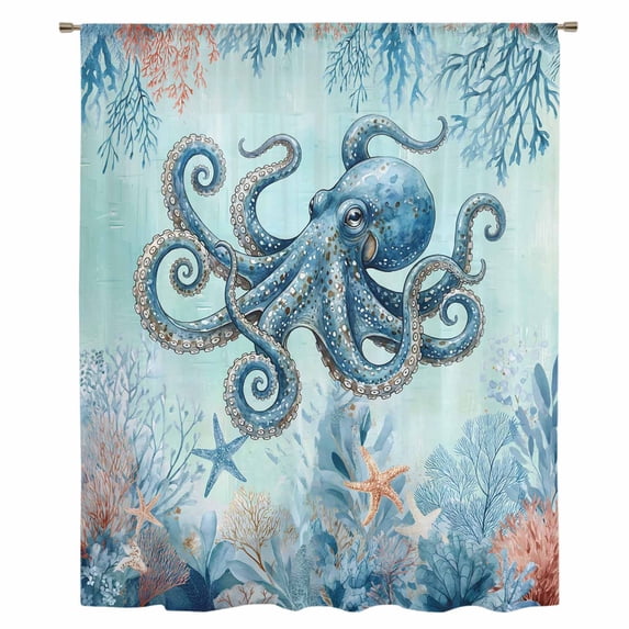 Coastal Octopus Blue Sheer Curtains 63 Inches Long, Summer Beach Nautical Coral Starfish Light Filering Curtains, Breathable Simi Curtain Privacy Drapes for Living Room Bedroom Window Treatment
