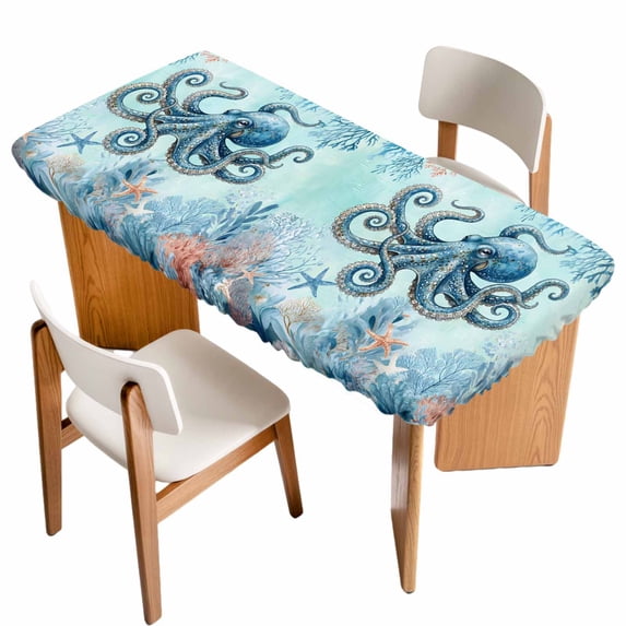 Coastal Octopus Blue Table Cloths for 6 Foot Rectangle Tables, Summer Beach Nautical Coral Starfish Patio Waterproof Elastic Fitted Tablecloths, Washable Rectangular Table Cover for Camping