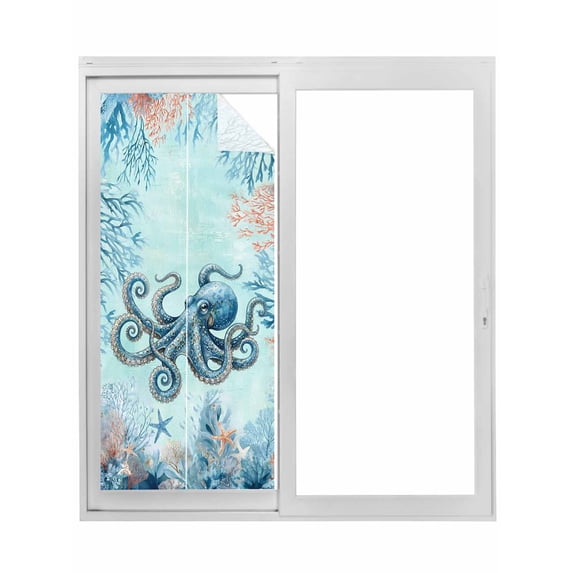 Coastal Octopus Blue Window Privacy Film, Summer Beach Nautical Coral Starfish Static Cling UV Sun Blocking Tint Film Heat Control Windows Films for Bedroom Bathroom, Window Stickers 23.6"x59"