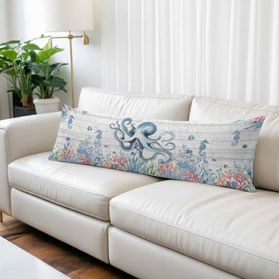 Coastal Octopus Body Pillow Covers 20"x54", Beach Nautical Ocean Coral Seahorse Vintage Soft Brushed Microfiber Breathable Throw Pillow Covers, Pillowcase with Zipper for Couch Sofa Bedroom