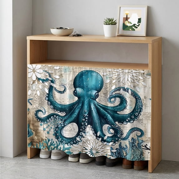 Coastal Octopus Cabinet Curtain 35"Wx35"L, Dustproof Under Sink Skirt with Self Adhesive Tape, Vintage Beach Teal Coral Nautical Cabinet Curtain Cover for Kitchen Sink, Bathroom Vanity, Laundry Room