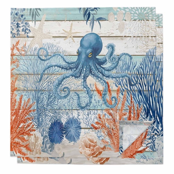 Coastal Octopus Cloth Napkins, Nautical Coral Leaf Turquoise Wood Grain Washable and Reusable Dinner Napkins Set of 2, Table Napkin for Kitchen Party Birthday Wedding Hotel Housewarming 20"x20"