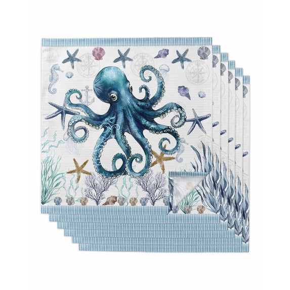 Coastal Octopus Cloth Napkins Set of 6 Reusable Dinner Napkins, Nautical Starfish Shell Jellyfish Anchor Cocktail Napkin Washable Table Napkins for Wedding/Holiday Party/Baby Shower 20"x20"