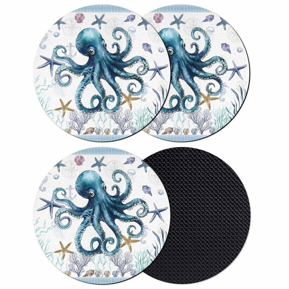 Coastal Octopus Coasters Set of 4, Absorbent Coasters for Drinks, Nautical Starfish Shell Jellyfish Anchor Coaster for Desk Coffee Table Protection, Home Decor House Warming Gifts 4"