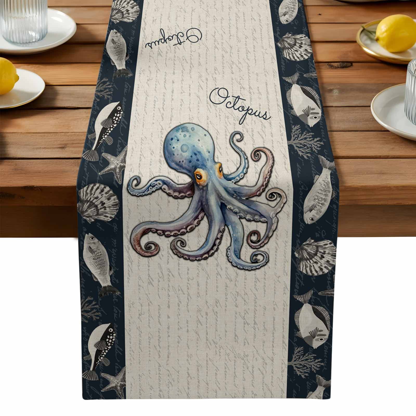 Coastal Octopus Cotton Linen Table Runner for Dining Kitchen, Nautical ...