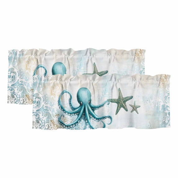 Coastal Octopus Curtain Valances for Windows, Kitchen Valance Window Treatments Panel 2 Pack, Summer Starfish Beach Vintage Rod Pocket Short Curtains for Bathroom Bedroom 60 x 18 Inch