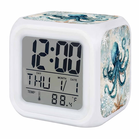 Coastal Octopus Digital Alarm Clock for Bedrooms, Smart LED Alarm Clock with 7 Color Changing Night Light, Nautical Botanical Starfish Silent Wake Up Clocks for Sleep Study Cooking 3.2"x3.2"