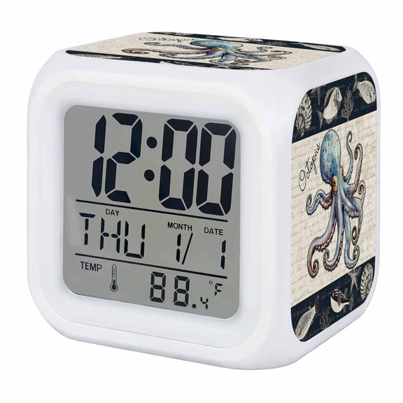 Coastal Octopus Digital Alarm Clock for Bedrooms, Smart LED Alarm Clock with 7 Color Changing Night Light, Nautical Ocean Beach Fish Starfish Silent Wake Up Clocks for Sleep Study Cooking 3.2"x3.2"