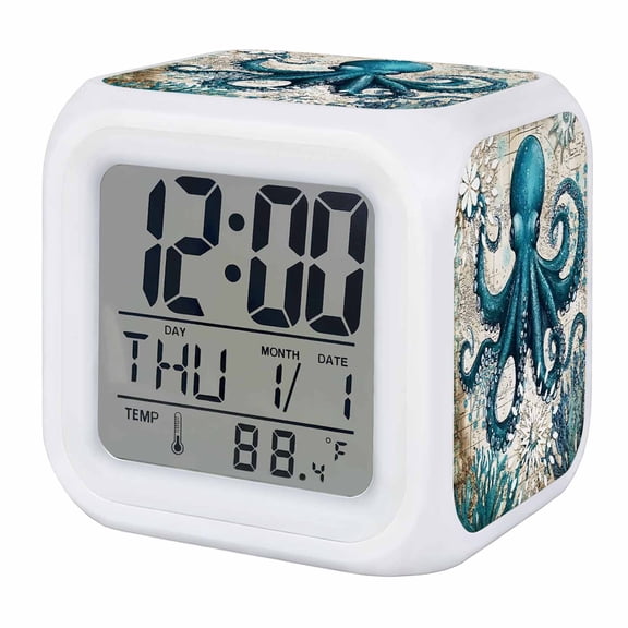 Coastal Octopus Digital Alarm Clock for Bedrooms, Smart LED Alarm Clock with 7 Color Changing Night Light, Vintage Beach Teal Coral Nautical Silent Wake Up Clocks for Sleep Study Cooking 3.2"x3.2"