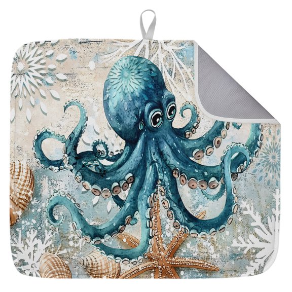 Coastal Octopus Dish Drying Mat for Kitchen Counter, Nautical Botanical Starfish Dish Mat Drying Kitchen Mat for Sink Fridge Drawer Absorbent Dishes Drainer Mats Microfiber Drying Pad 1pcs 16"x18"