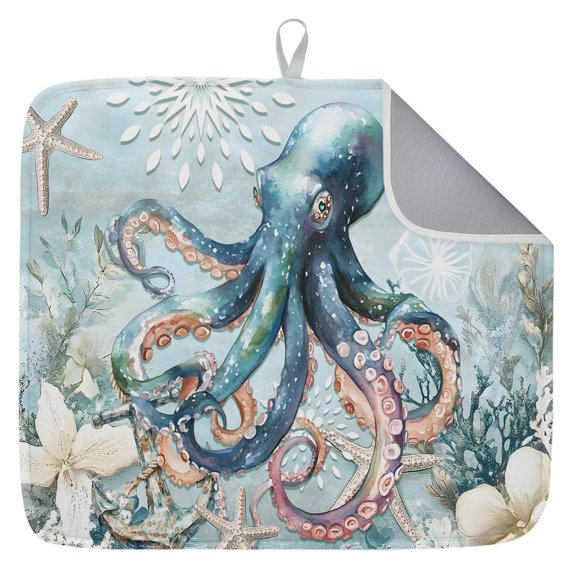 Coastal Octopus Dish Drying Mat for Kitchen Counter,Summer Beach Vintage Ocean Coral Dish Mat Drying Kitchen Mat for Sink Fridge Drawer Dishes Drainer Mats Microfiber Drying Pad 1pcs 16"x18"