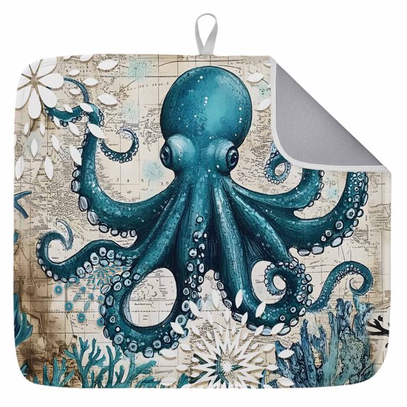 Coastal Octopus Dish Drying Mat for Kitchen Counter,Vintage Beach Teal Coral Nautical Dish Mat Drying Kitchen Mat for Sink Fridge Drawer Dishes Drainer Mats Microfiber Drying Pad 1pcs 16"x18"