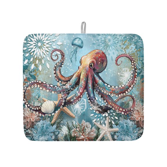 Coastal Octopus Dish Drying Mat for Kitchen Counter,Vintage Teal Nautical Beach Botanical Dish Mat Drying Kitchen Mat for Sink Fridge Drawer Absorbent Dishes Drainer Mats Drying Pad 1pcs 16"x18"