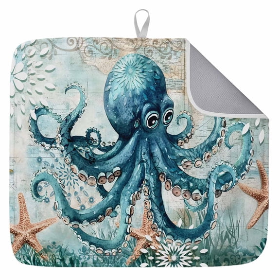 Coastal Octopus Dish Drying Mat for Kitchen Counter,Vintage Teal Nautical Beach Starfish Dish Mat Drying Kitchen Mat for Sink Fridge Drawer Dishes Drainer Mats Microfiber Drying Pad 1pcs 16"x18"