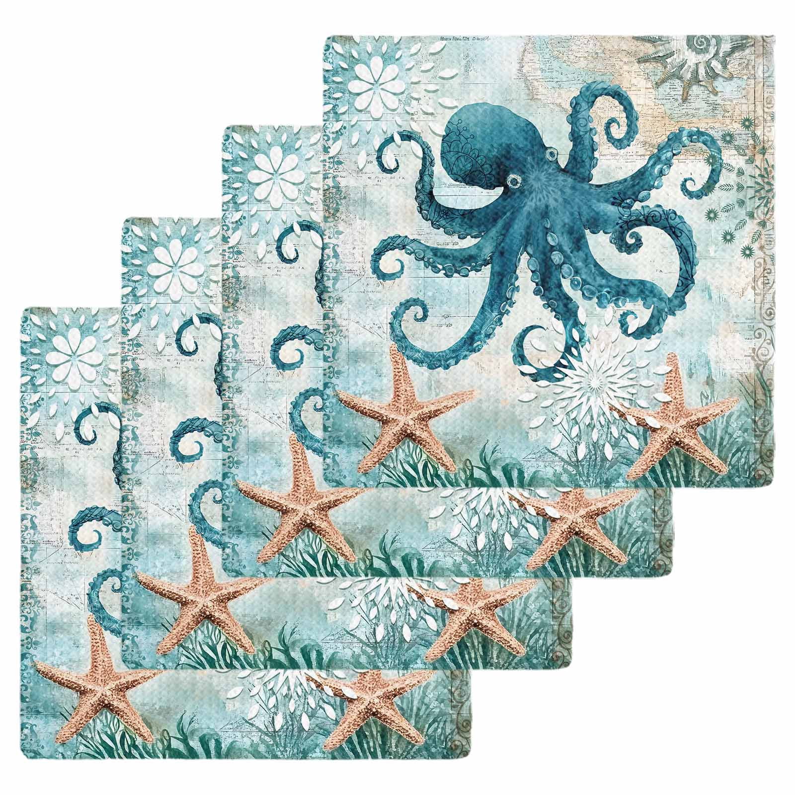 Coastal Octopus Dish Towels Set, Waffle Weave Kitchen Towels 4 Pieces, Teal Nautical Beach Starfish Vintage Microfiber Hair Face Bath Tea Towel Absorbent Quick Drying Cleaning Dish Cloths 12"x12"