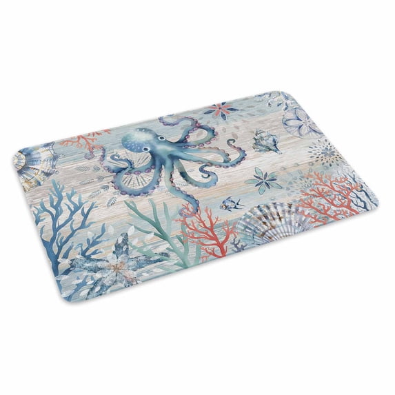 Coastal Octopus Doormat Outdoor Entrance 20"x31.5", Farmhouse Nautical Ocean Conch Coral Absorb Moisture Dirt Door Mats, Non-Slip Rubber Backing Floor Mats Indoor, Low-Profile Front Door Rugs
