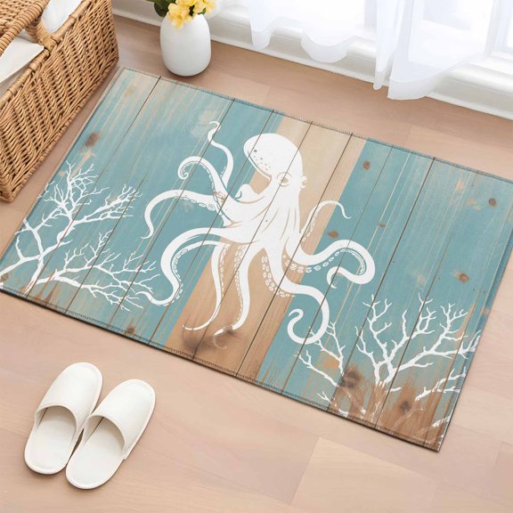 Coastal Octopus Entryway Rug 2'x3' Non Slip Front Door Mats, Summer Coral Ocean Vintage Wood Entrance Rugs Indoor Outdoor Carpet, Washable Floor Mats Small Area Rug for Bedroom Kitchen