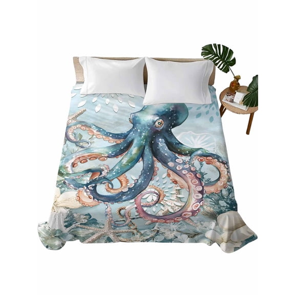 Coastal Octopus Flat Sheets Only King Size, Soft Breathable Bed Top Sheets for Mattress, Summer Beach Vintage Ocean Coral Luxury Bedding Flat Sheets for Home Hotel Bedroom Bed Protection