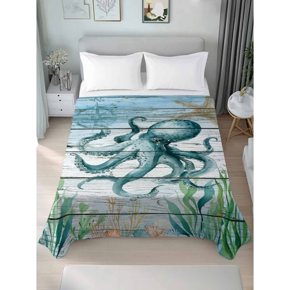 Coastal Octopus Full Size Flat Sheet, Wrinkleproof & Fadeproof Cooling Flat Bed Sheet Only, Nautical Starfish Seaweed Coral Wooden Breathable Soft Bedding Top Sheets 81 x 96 Inches