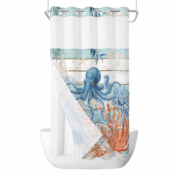 Coastal Octopus No Hook Shower Curtain with Snap in Liner, Waterproof Fabric Shower Curtains, Nautical Coral Leaf Turquoise Wood Grain Shower Curtain Set Top See Through for Bathroom 36"x72"