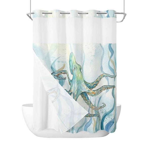 Coastal Octopus No Hook Shower Curtain with Snap in Liner, Waterproof Fabric Shower Curtains, Nautical Seaweed Ocean Creatures Shower Curtain Set Top See Through for Bathroom 72"x96"