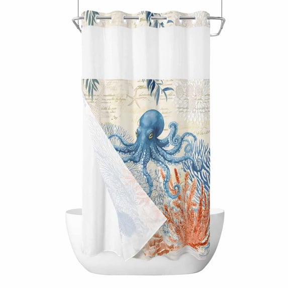 Coastal Octopus No Hook Shower Curtain with Snap in Liner, Waterproof Fabric Shower Curtains, Vintage Nautical Summer Beach Coral Leaf Shower Curtain Set Top See Through for Bathroom 54"x78"