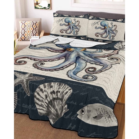Coastal Octopus King Size Down Alternative Comforter, Lightweight Comforter Quilt Bedding Set with Pillow Shams Nautical Ocean Beach Fish Starfish All Seasons Bed Comforter Duvet Insert 96"x106"