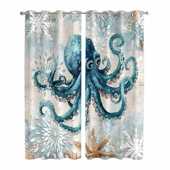 Coastal Octopus Kitchen Curtains 84 Inch Length, Nautical Botanical Starfish Grommet Top Bedroom Living Room Curtains, Light Filtering Cafe Curtain Drapes 2 Panels Set 84''x84''