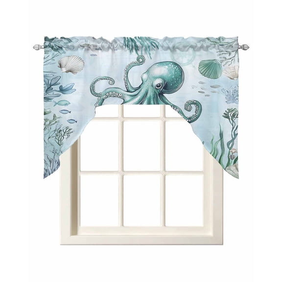 Coastal Octopus Kitchen Curtains Swag Valance for Windows/Bathroom/Cafe, Cyan Nautical Fish Shells Seaweeds Rod Pocket Drape Panel Swag Curtain Valance for Bedroom/Living Room 55''x36''