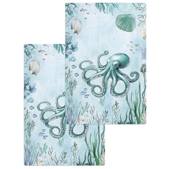 Coastal Octopus Kitchen Dish Towels for Drying Dishes Set of 2, Cyan Nautical Fish Shells Seaweeds Waffle Weave Microfiber Hand Tea Bathroom Towels Quick Dry & Absorbent Towel 15.7x23.6