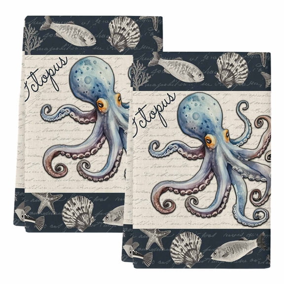 Coastal Octopus Kitchen Towels Set of 2, Absorbent Microfiber Dish Tea Towels with Hanging Loop, Nautical Ocean Beach Fish Starfish Resuable Hand Towel for Home Kitchen Cooking Cleaning 18"x28"
