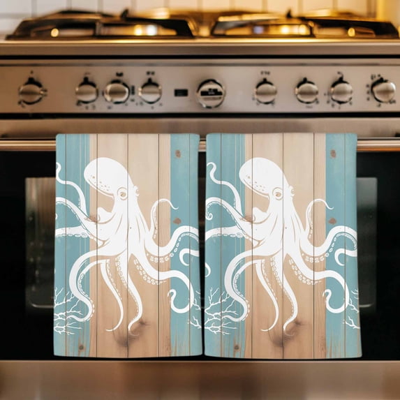 Coastal Octopus Kitchen Towels Set of 2, Summer Coral Ocean Vintage Wood Absorbent Dish Towels for Kitchen, Microfiber Hand Towel, Quick Drying Tea Towel for Cleaning Decorative Dishcloths