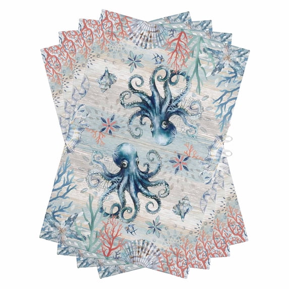 Coastal Octopus Kitchen Towels Set of 4, Water Absorbent Dish Towel, Ocean Nautical Conch Coral Fish Shells Decorative Hand Towels - Quick Drying Cloth for Cooking Baking, 18x28 Inch