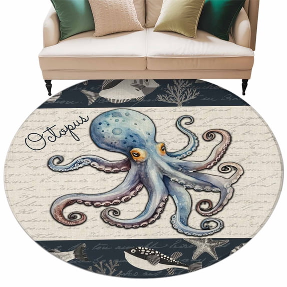 Coastal Octopus Large Area Rugs for Bedroom Living Room, Soft Non Slip Carpet Bedside Rug, Nautical Ocean Beach Fish Starfish Round Floor Cover Kitchen Accent Rug 5' for Dining Room/Office