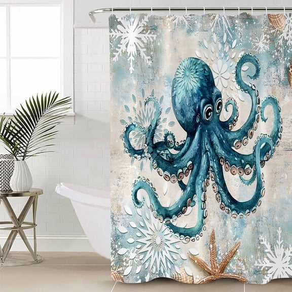 Coastal Octopus Long Shower Curtain Set, Waterproof Shower Curtains for Bathroom, Nautical Botanical Starfish Washable Fabric Cloth Bath Curtain for Bathtub Decoration with Hooks 72x84 Inches