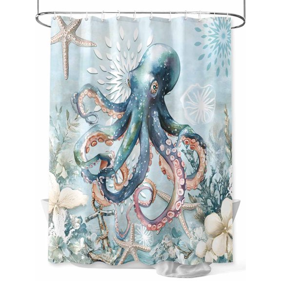 Coastal Octopus Long Shower Curtain Set, Waterproof Shower Curtains for Bathroom, Summer Beach Vintage Ocean Coral Washable Fabric Cloth Bath Curtain for Bathtub Decoration with Hooks 72x84 Inches