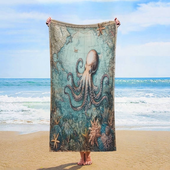 Coastal Octopus Modern Nautical Painting Beach Towel Quick-Dry & Super Absorbent Sand Proof Beach Towels Cute Nautical Animal Camping Towels for Travel Sports Pool Swimming Bath Yoga 30x60 inch