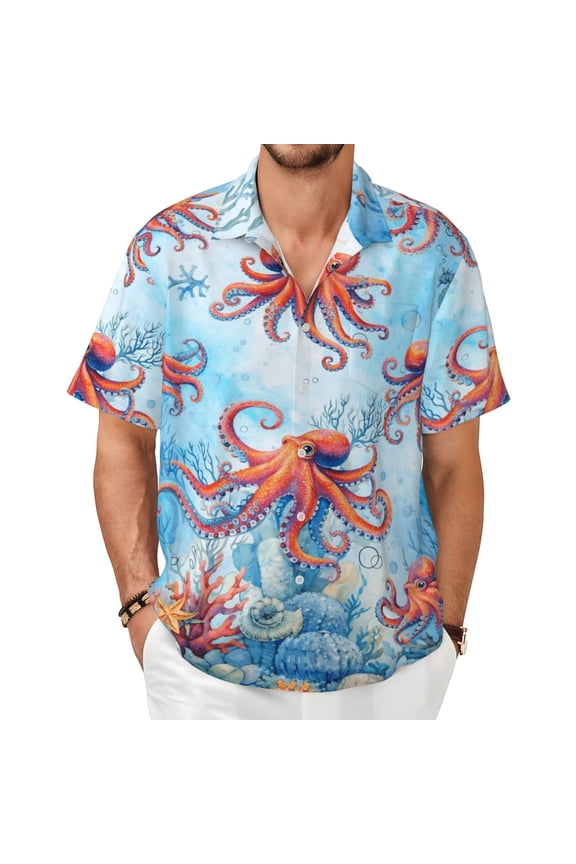 Coastal Octopus Ocean Men'S Short-Sleeved Shirts with All-Over Prints for Indoor and Outdoor Wear